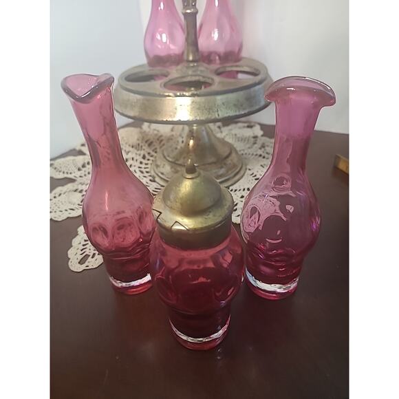 Vintage Cruet Simpson Hall Miller Quad Silverplate Cranberry Cut Glass Decor DIY - Picture 8 of 16